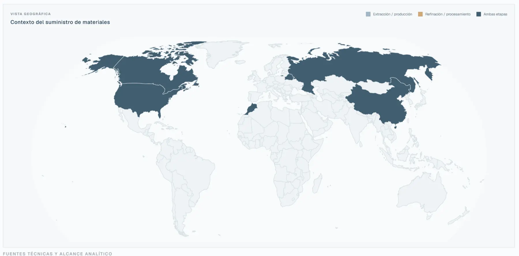 Atlas map showing countries relevant to the extraction, production, refining and processing of materials